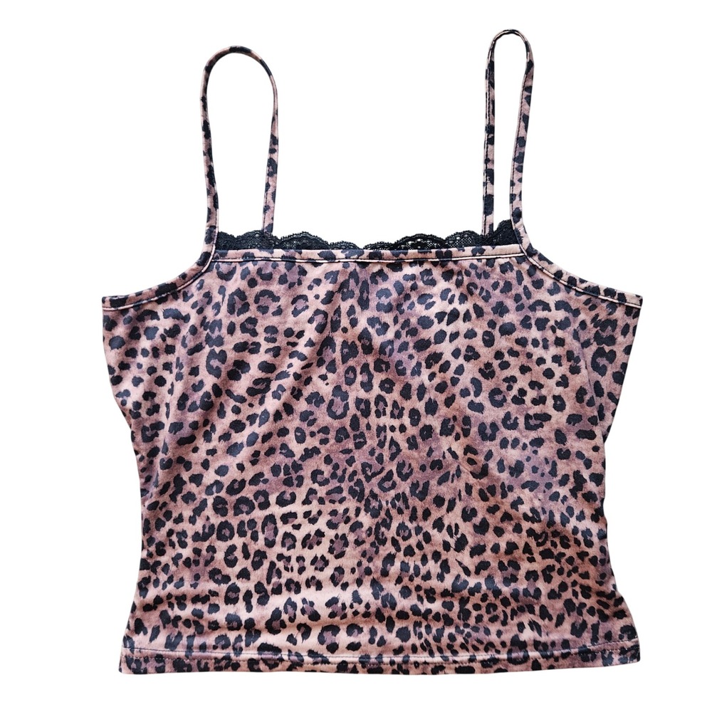 SHEIN Women Small Leopard Print Lace Trim Cami Tank Top Brown Black Animal Print